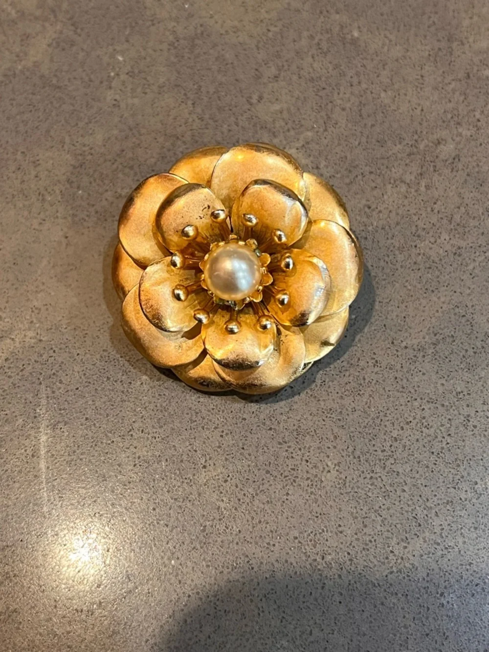 Vintage Coro Gold Tone Textured Petal Camellia Flower Brooch w/Faux Pearl Center